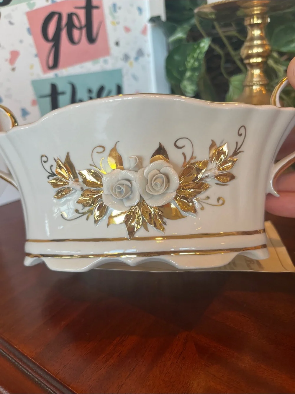 FENIX White and Gold Porcelain Decorative Serving Bowl with Handles
